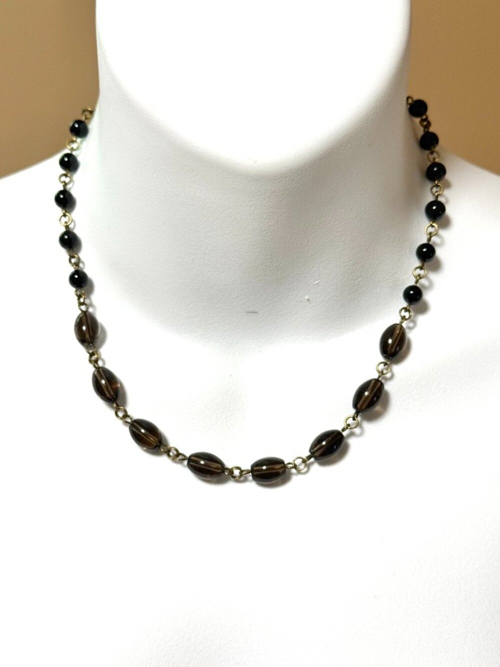 Genuine Smoky Quartz & Black Agate Short Necklace, Gemstone & Bronze Links